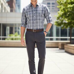 Michael Kors Men’s Plaid Button Down Long Sleeve Shirt - Blue & White - Medium